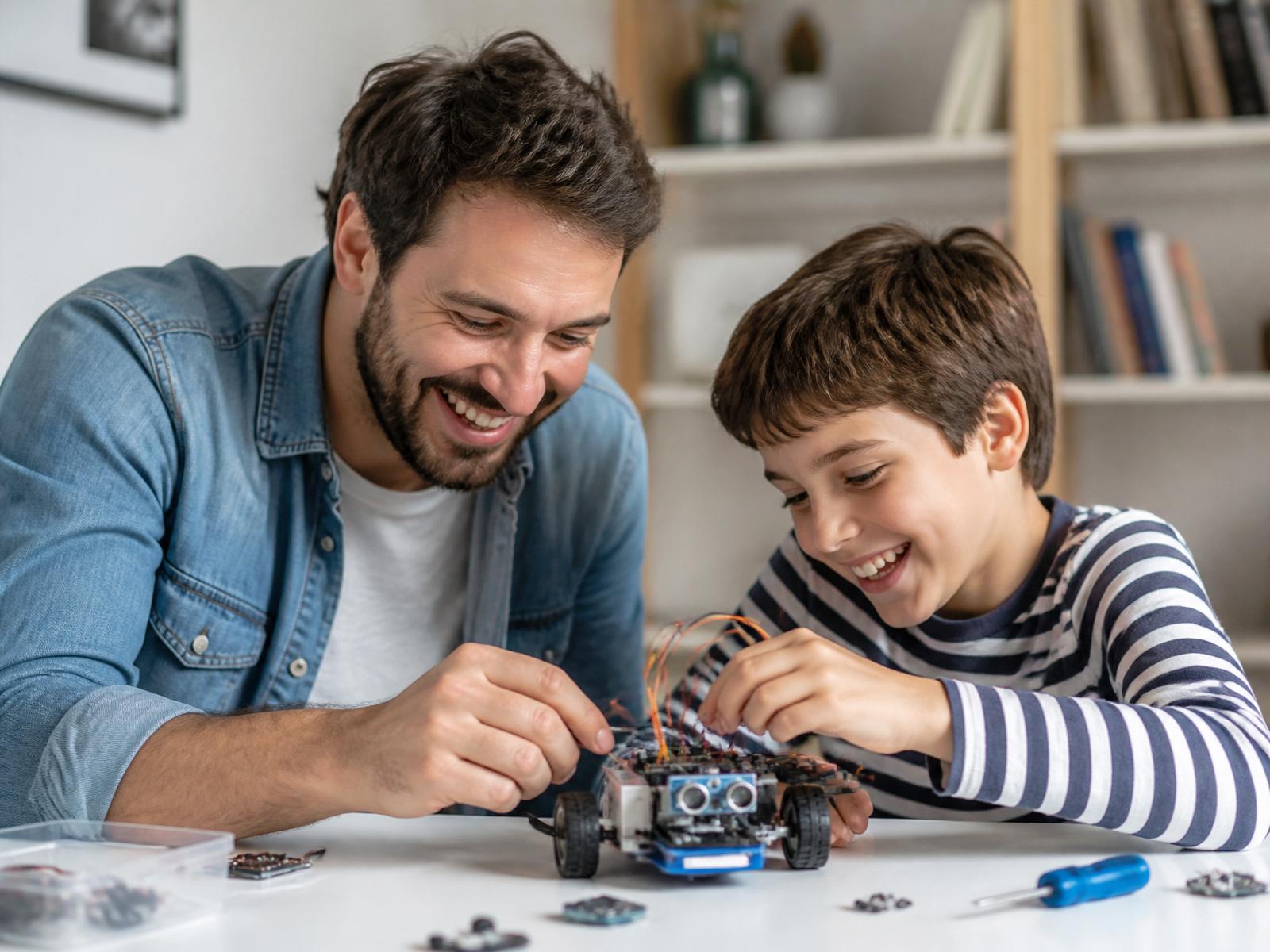 Pai e filho montando um robô juntos