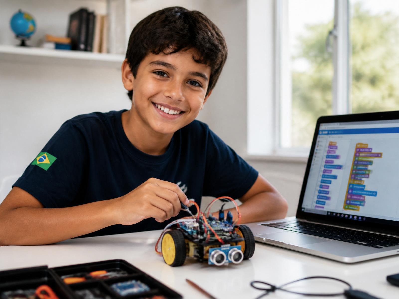 Aluno da MultiSCHOOL montando um robô ao lado do laptop com programação