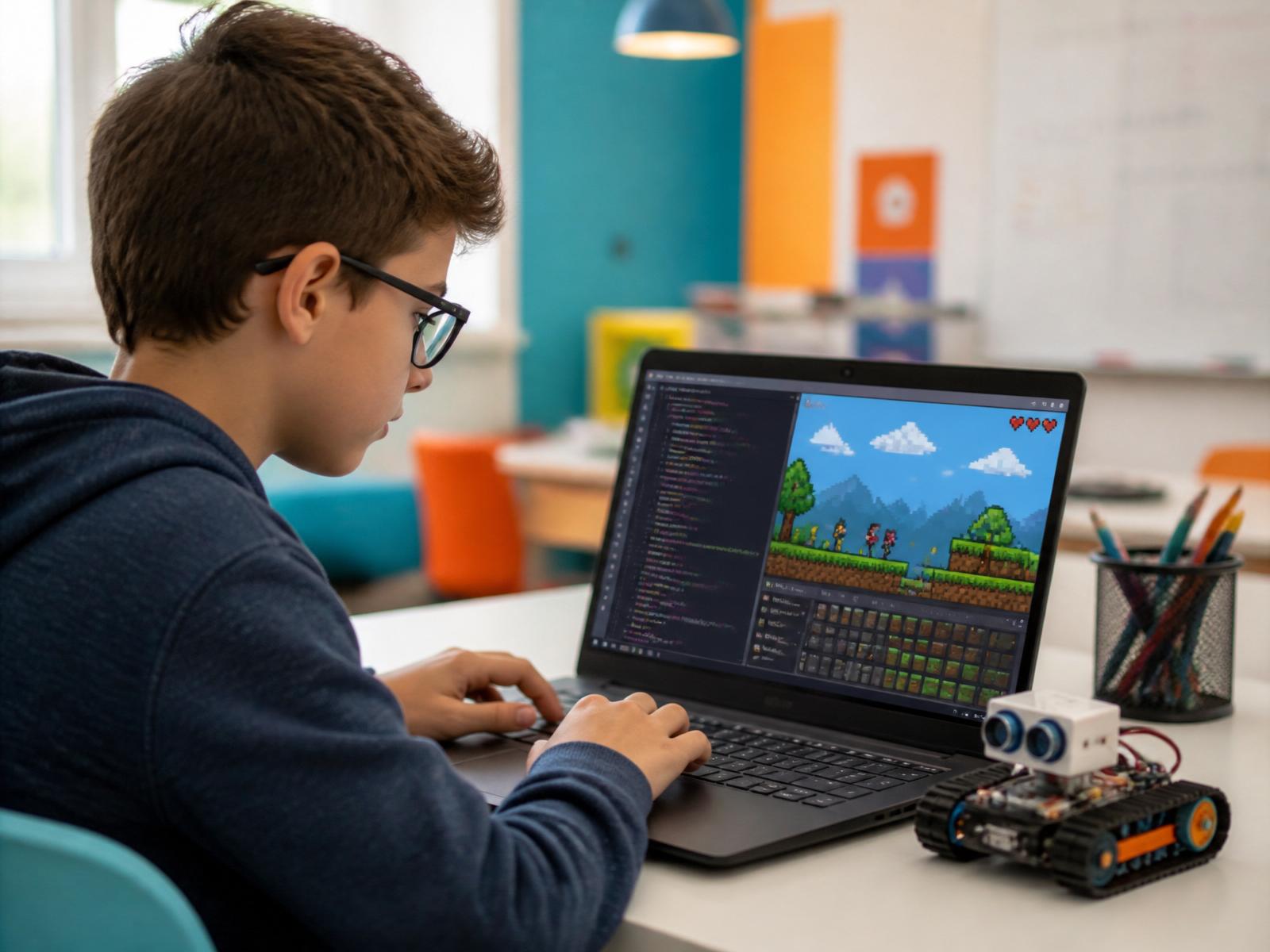 Criança programando o próprio game em um laptop